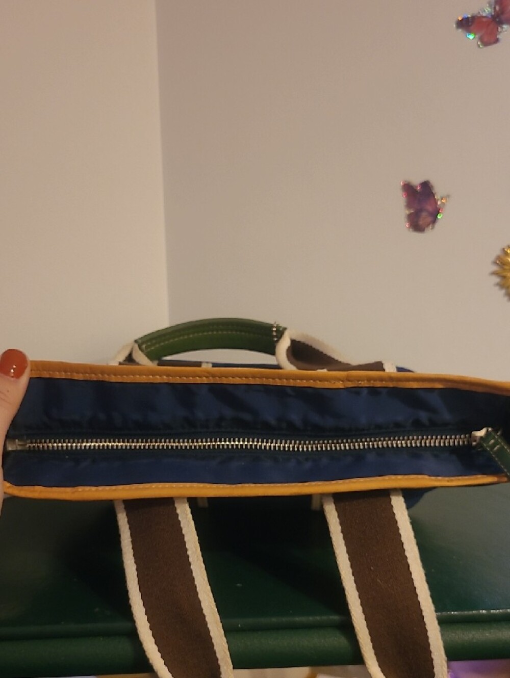 Coach Blue Tote Bag with Brown Accent and Yellow Trim Lined In Signature Plastic - Picture 8 of 12